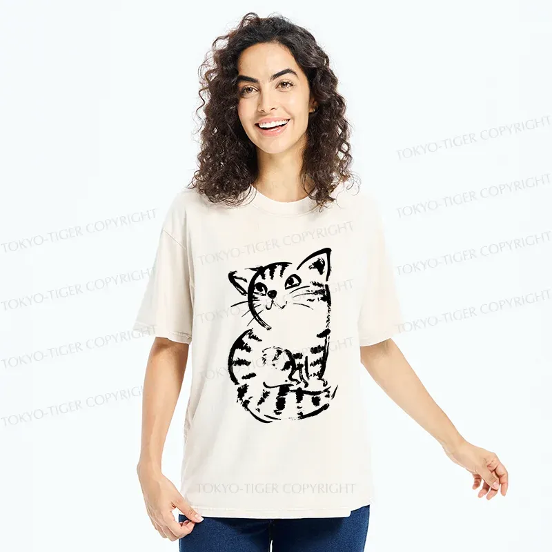Tokyo-Tiger Retro Japanese Cat Washed T-Shirt