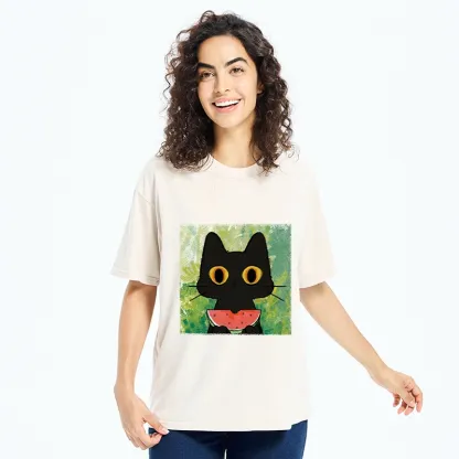 Tokyo-Tiger Black Cat Loves Watermelon Washed T-Shirt