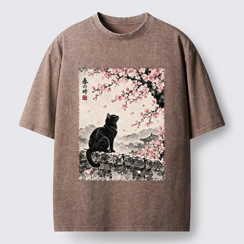 Tokyo-Tiger Spring Black Cat Art Washed T-Shirt
