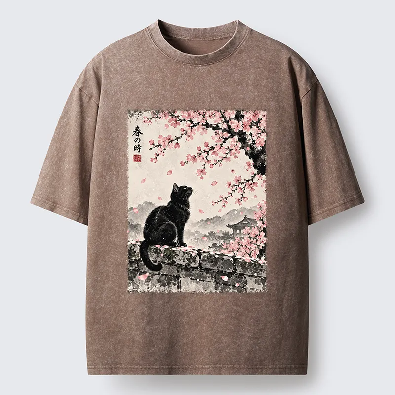 Tokyo-Tiger Spring Black Cat Art Washed T-Shirt