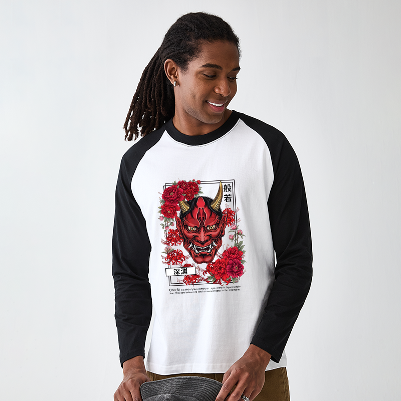 Tokyo-Tiger Cool Oni Floral Art Raglan Long Sleeve T-shirt