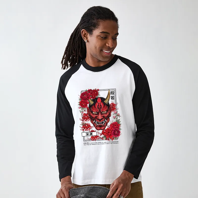 Tokyo-Tiger Cool Oni Floral Art Raglan Long Sleeve T-shirt