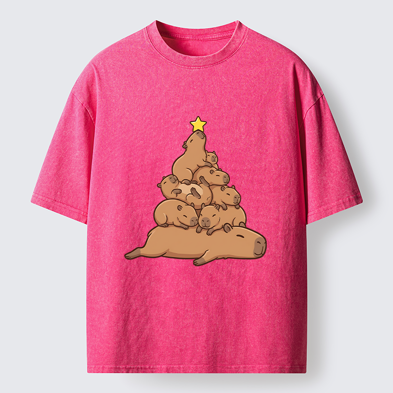 Tokyo-Tiger Funny Stacked Capybara Christmas Tree Washed T-Shirt