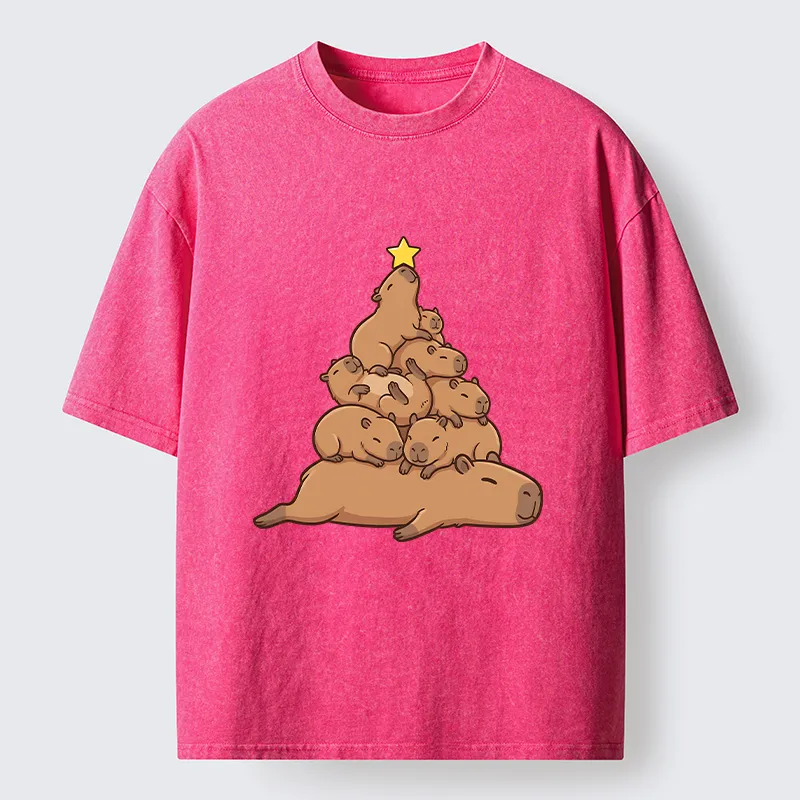 Tokyo-Tiger Funny Stacked Capybara Christmas Tree Washed T-Shirt