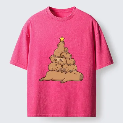 Tokyo-Tiger Funny Stacked Capybara Christmas Tree Washed T-Shirt