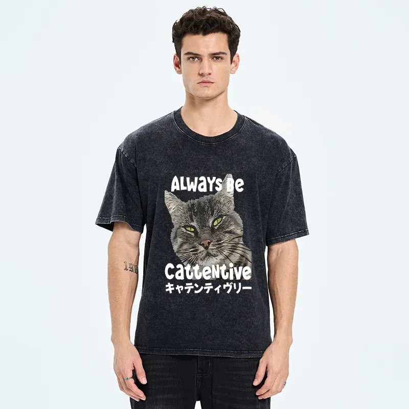 Tokyo-Tiger Always Be Cattentive Funny Washed T-Shirt