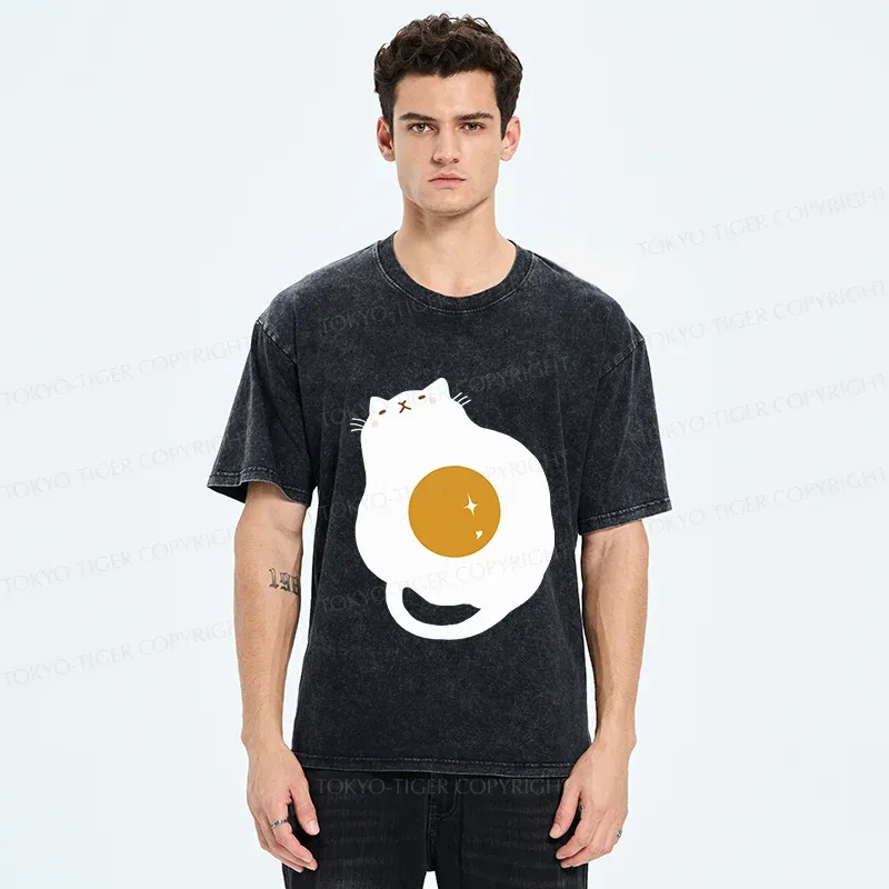 Tokyo-Tiger Fried Egg Cat Washed T-Shirt