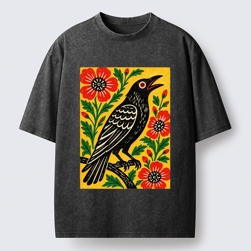 Tokyo-Tiger Vintage Crow Flower Folk Art Washed T-Shirt