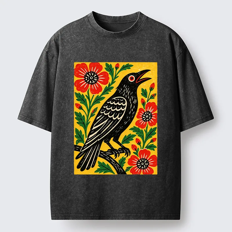 Tokyo‑Tiger Vintage Crow Flower Folk Art Washed T‑Shirt Sale