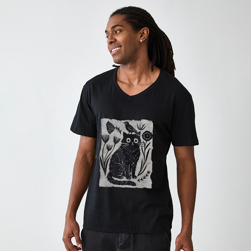 Tokyo-Tiger Folk Paper Cut Cat Bird Floral Art V-Neck Classic T-Shirt