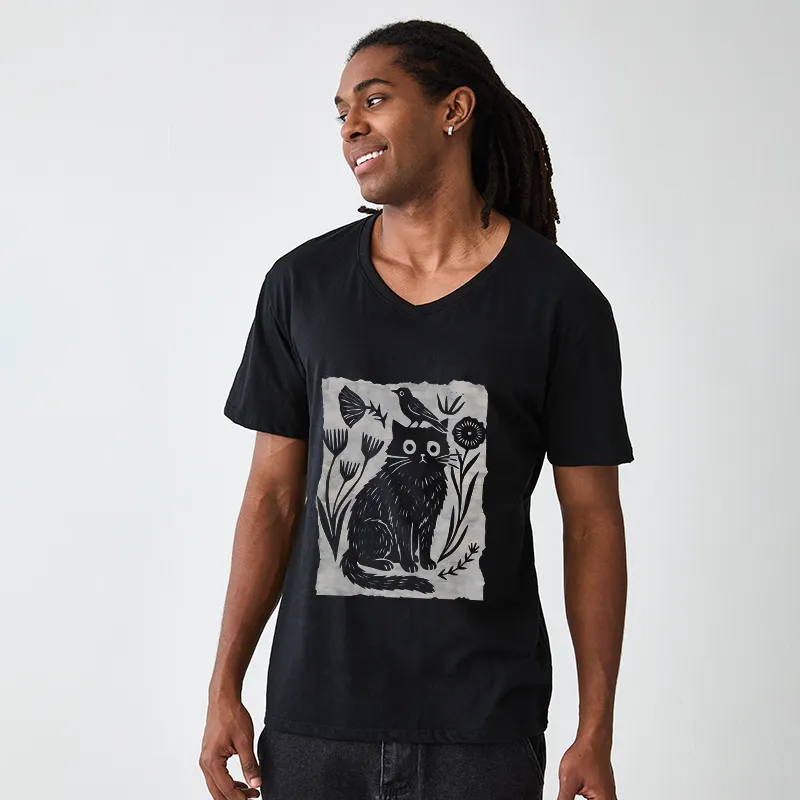 Tokyo-Tiger Folk Paper Cut Cat Bird Floral Art V-Neck Classic T-Shirt