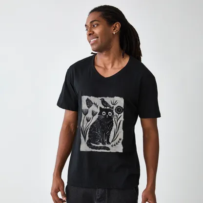 Tokyo-Tiger Folk Paper Cut Cat Bird Floral Art V-Neck Classic T-Shirt