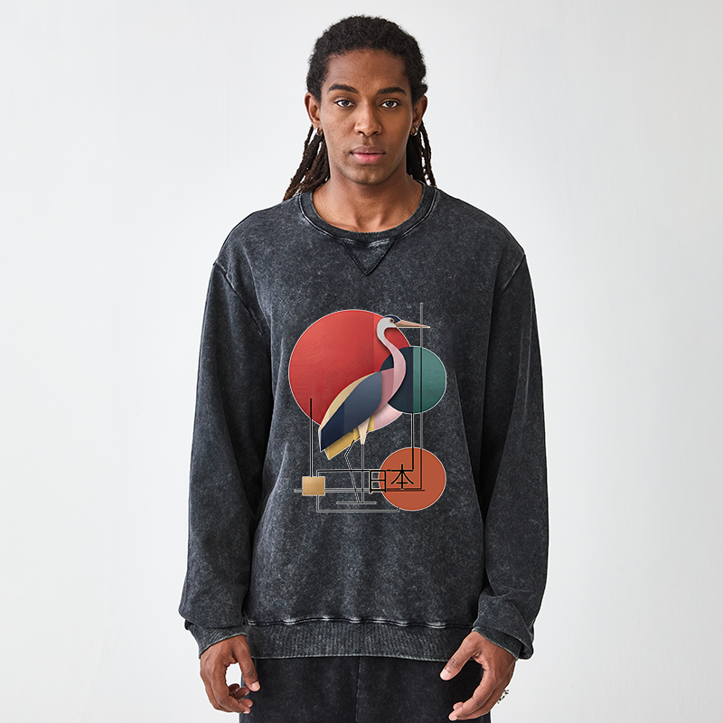 Tokyo-Tiger Geometric Crane Art Washed Terry Sweatshirt