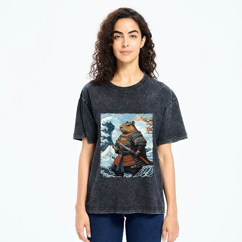 Tokyo-Tiger Capybara Japanese Samurai  And Waves Washed T-Shirt