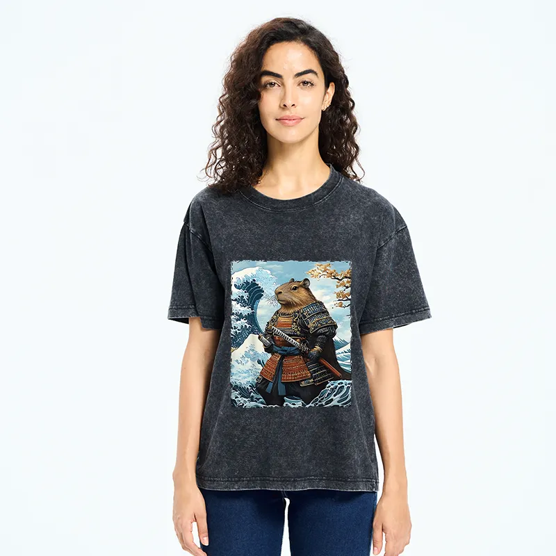 Tokyo-Tiger Capybara Japanese Samurai  And Waves Washed T-Shirt