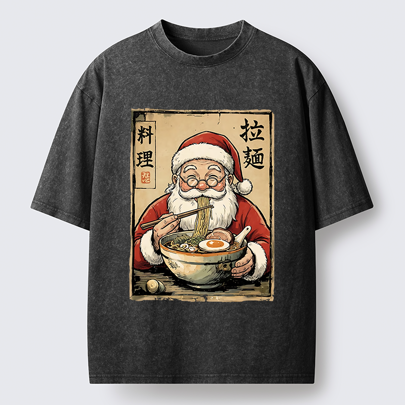 Tokyo-Tiger Santa Eating Ramen Meme Washed T-Shirt