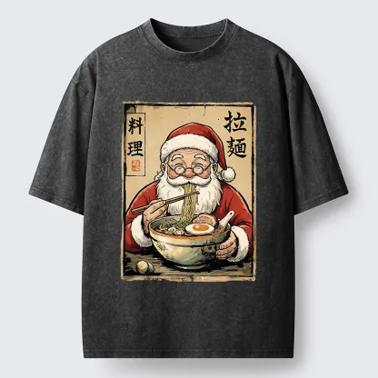 Tokyo-Tiger Santa Eating Ramen Meme Washed T-Shirt