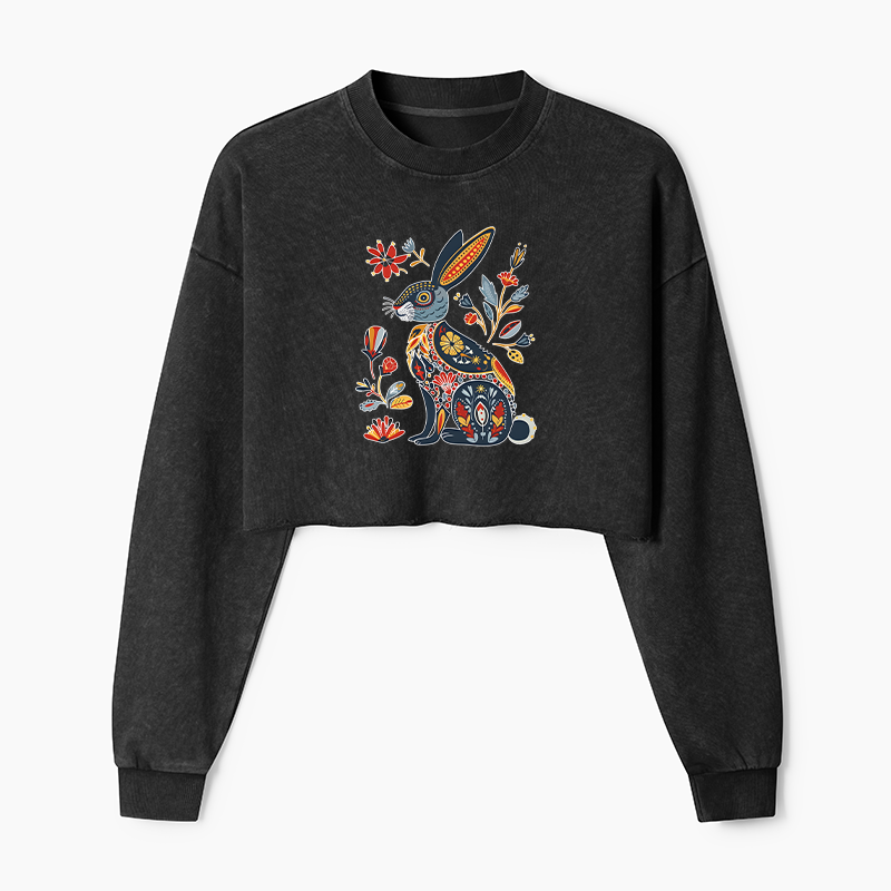 Tokyo-Tiger Folk Hare Bloom Washed Crop Sweatshirt