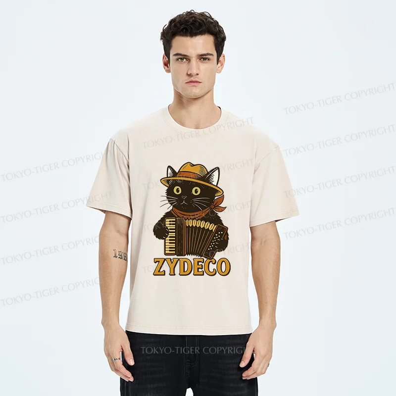 Tokyo-Tiger Cat Playing Accordion Washed T-Shirt