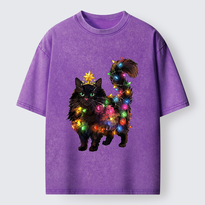Tokyo-Tiger Christmas Black Cat With Star Crown Washed T-Shirt