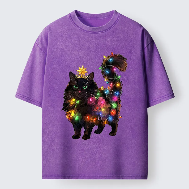 Tokyo-Tiger Christmas Black Cat With Star Crown Washed T-Shirt