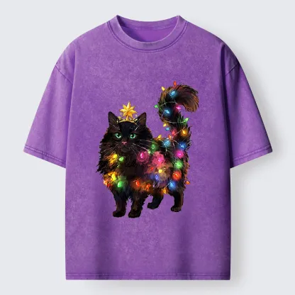 Tokyo-Tiger Christmas Black Cat With Star Crown Washed T-Shirt