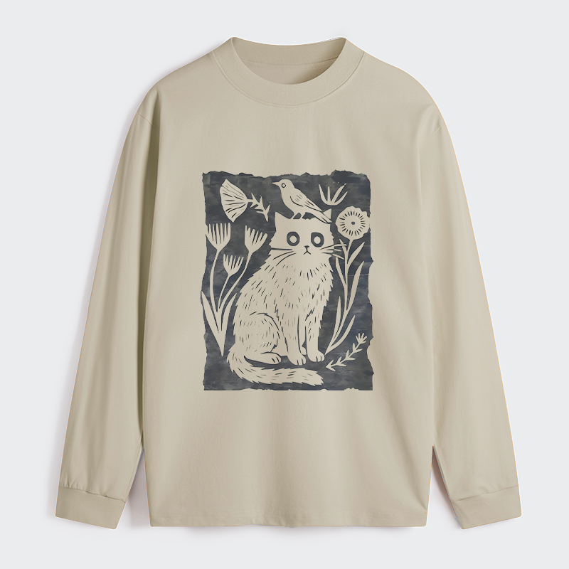 Tokyo-Tiger Folk Paper Cut Cat Bird Floral Art Classic Long Sleeve T-Shirt