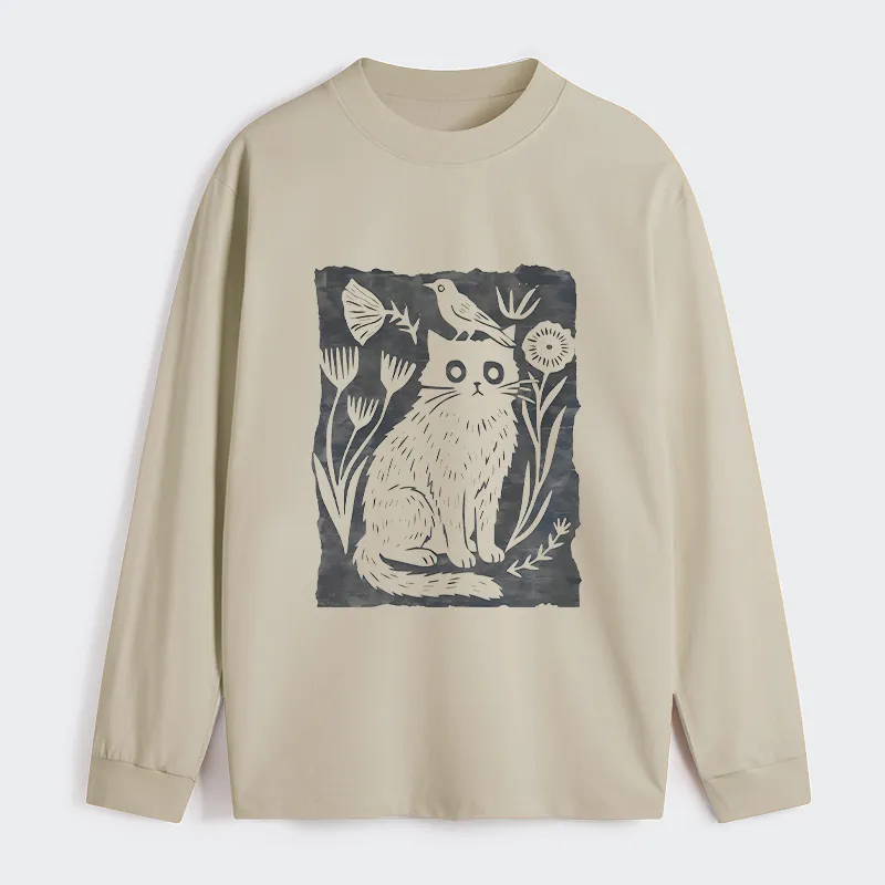 Tokyo-Tiger Folk Paper Cut Cat Bird Floral Art Classic Long Sleeve T-Shirt