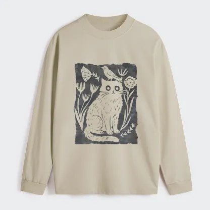 Tokyo-Tiger Folk Paper Cut Cat Bird Floral Art Classic Long Sleeve T-Shirt