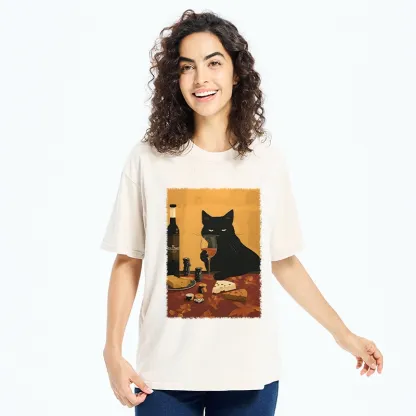 Tokyo-Tiger Chill Black Cat Wine Cheese Art Washed T-Shirt