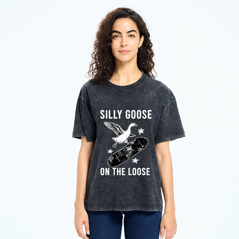Tokyo-Tiger Cool Goose On Skateboard Washed T-Shirt
