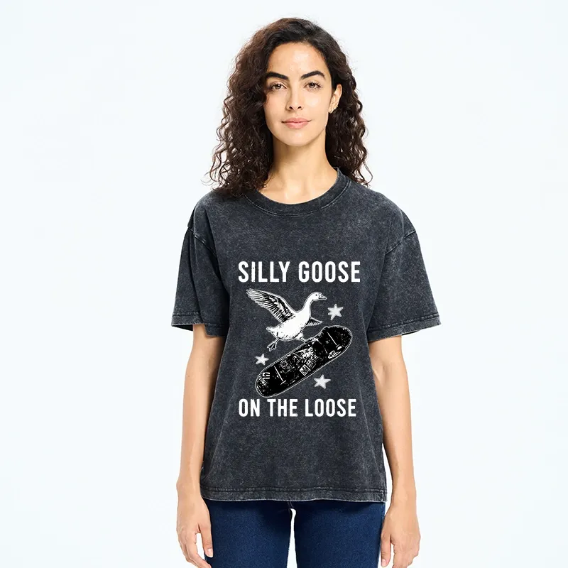 Tokyo-Tiger Cool Goose On Skateboard Washed T-Shirt