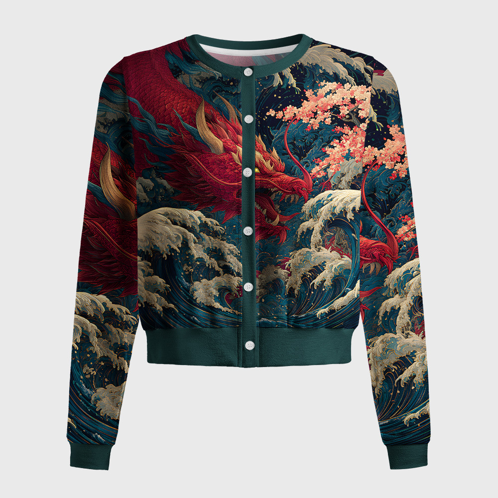 Tokyo-Tiger Red Dragon Ukiyo-e Women's Lightweight Cardigan