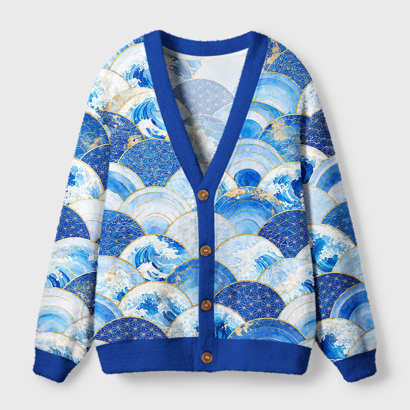 Tokyo-Tiger Ocean Waves In Blue Harmony Ugly Cardigan Sweater