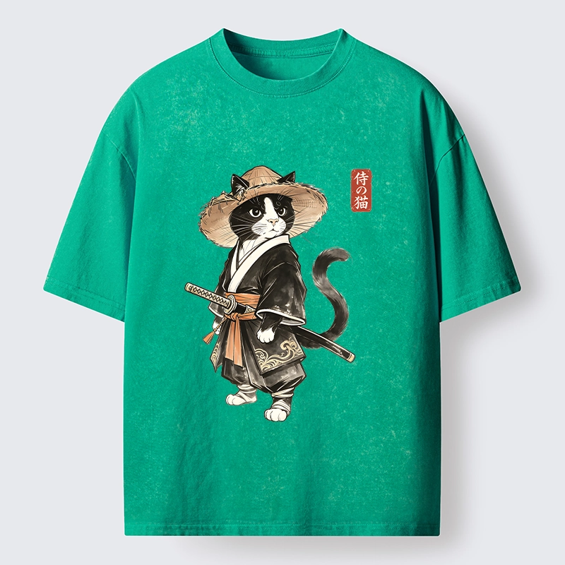 Tokyo‑Tiger Funny Samurai Cute Cat Washed T‑Shirt
