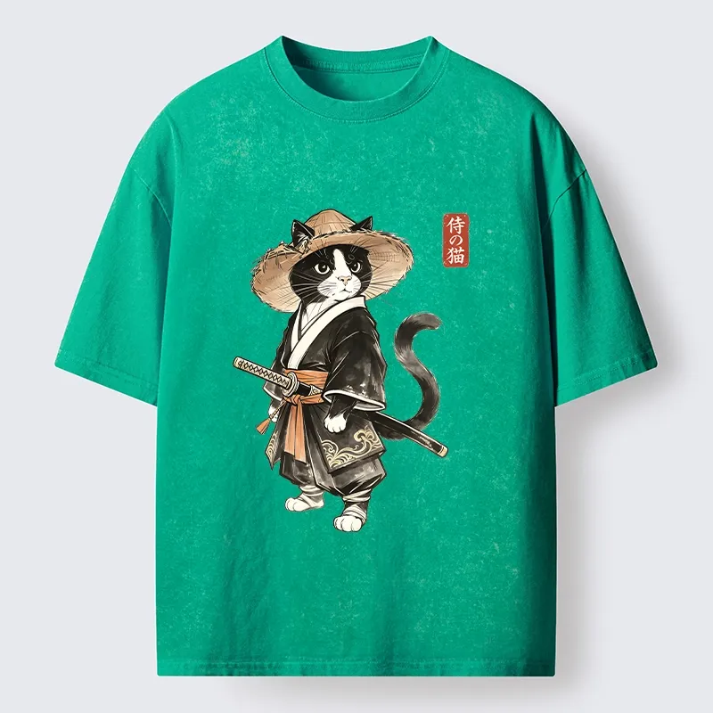 Tokyo‑Tiger Funny Samurai Cute Cat Washed T‑Shirt