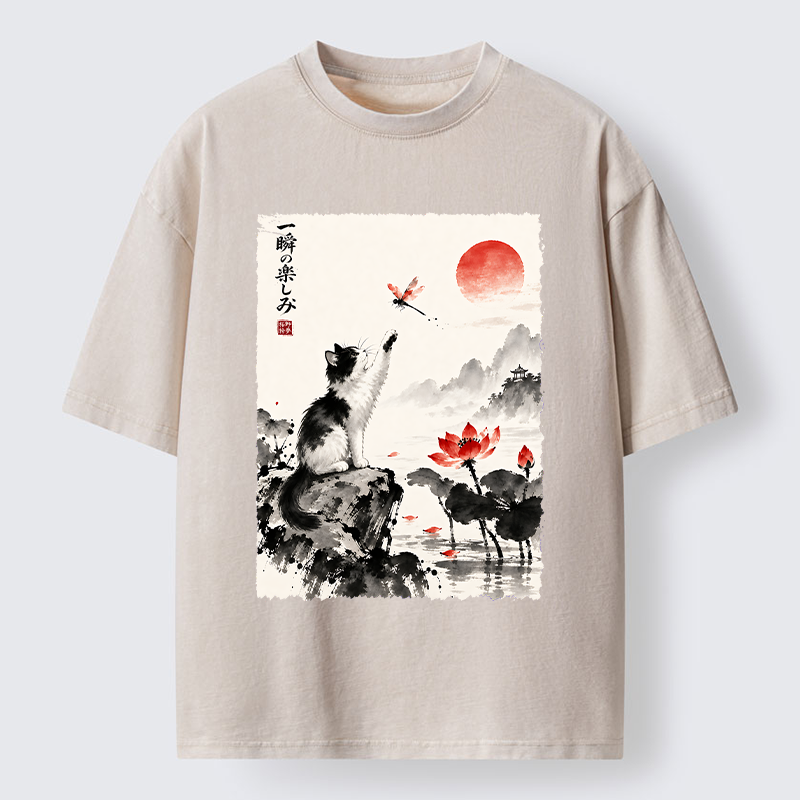 Tokyo‑Tiger Cat Chases Dragonfly Washed T‑Shirt Sale