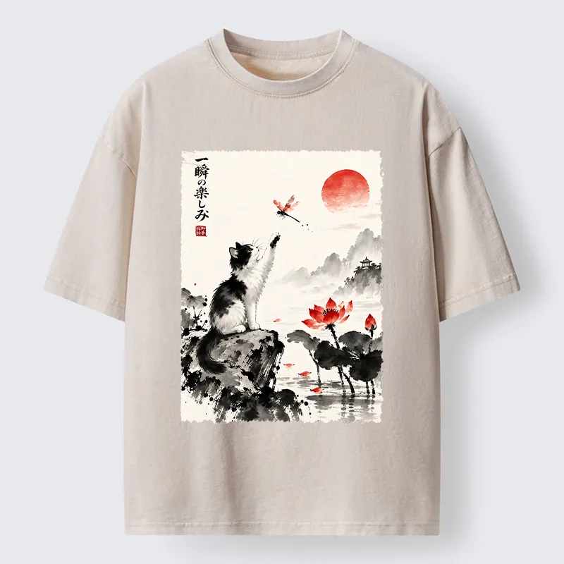 Tokyo-Tiger Cat Chases Dragonfly Washed T-Shirt