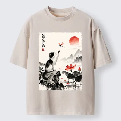 Tokyo-Tiger Cat Chases Dragonfly Washed T-Shirt