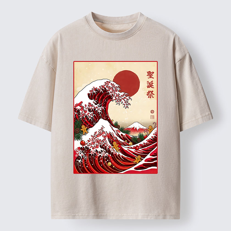 Tokyo-Tiger Gingerbread Surf Christmas Wave Washed T-Shirt