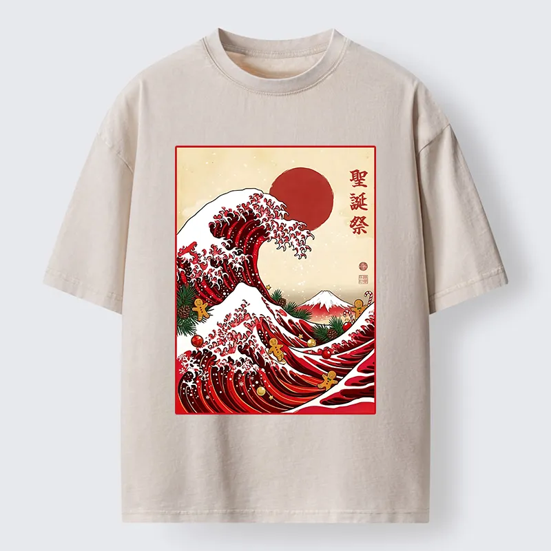 Tokyo‑Tiger Gingerbread Surf Christmas Wave Washed T‑Shirt Sale
