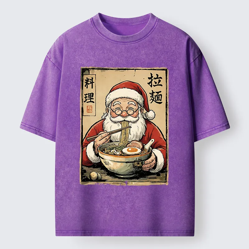 Tokyo-Tiger Santa Eating Ramen Meme Washed T-Shirt