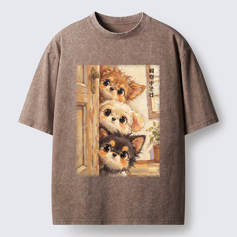 Tokyo-Tiger Puppies Are Peeking At You Washed T-Shirt