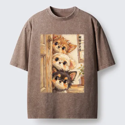 Tokyo-Tiger Puppies Are Peeking At You Washed T-Shirt