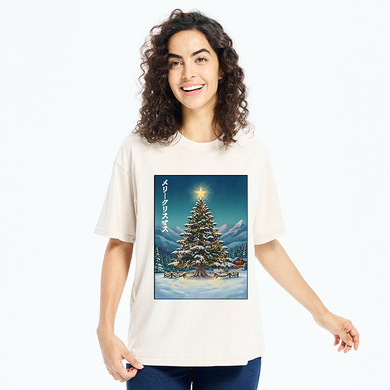 Tokyo-Tiger Snow Mountain Christmas Tree Vibe Washed T-Shirt