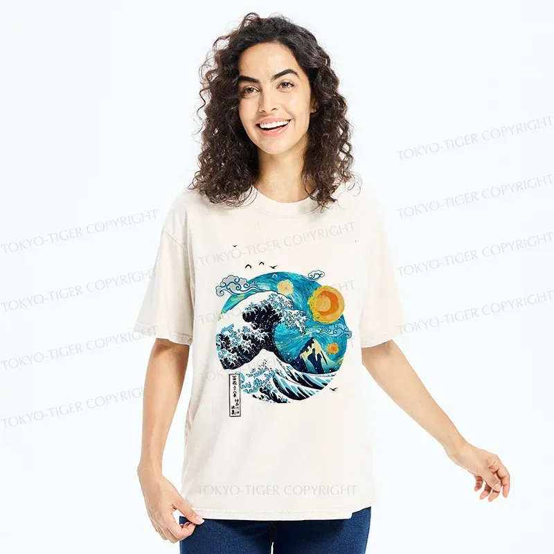 Tokyo-Tiger Waves Under The Starry Sky Washed T-Shirt