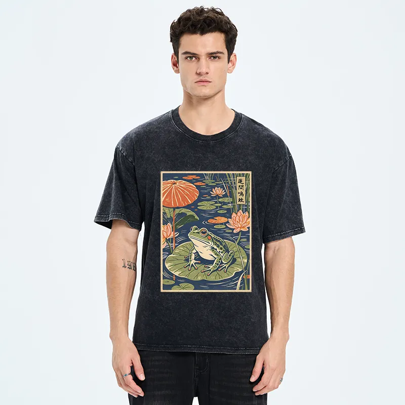 Tokyo-Tiger Frog In Lotus Pond Washed T-Shirt
