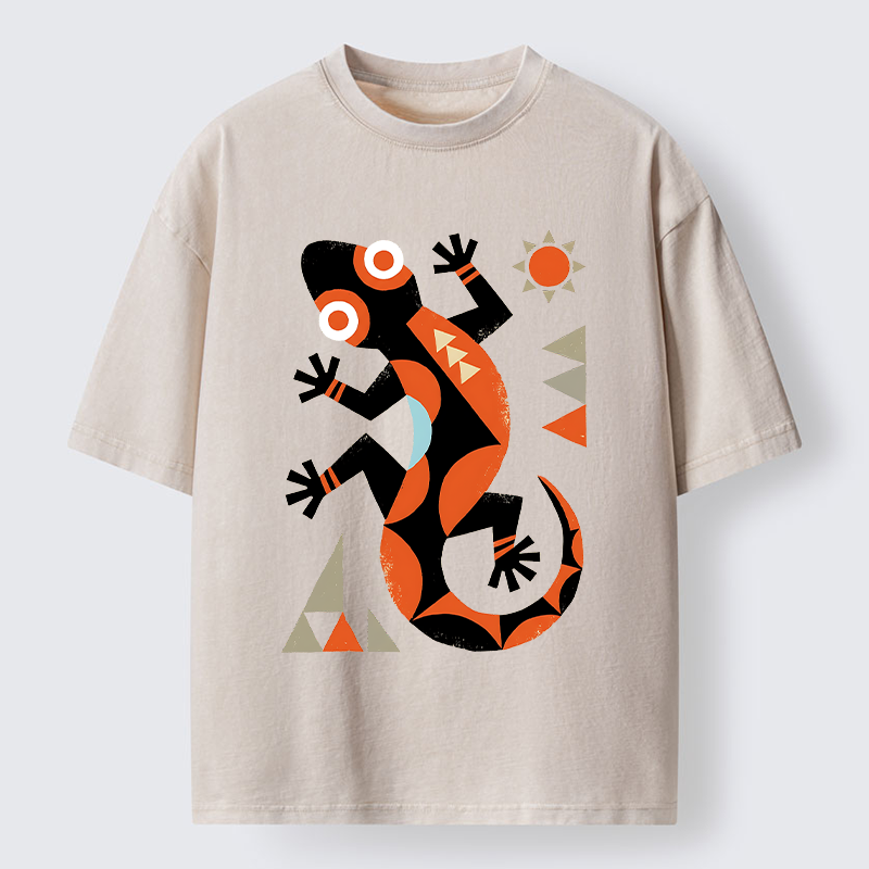 Tokyo-Tiger Abstract Geometric Gecko Washed T-Shirt