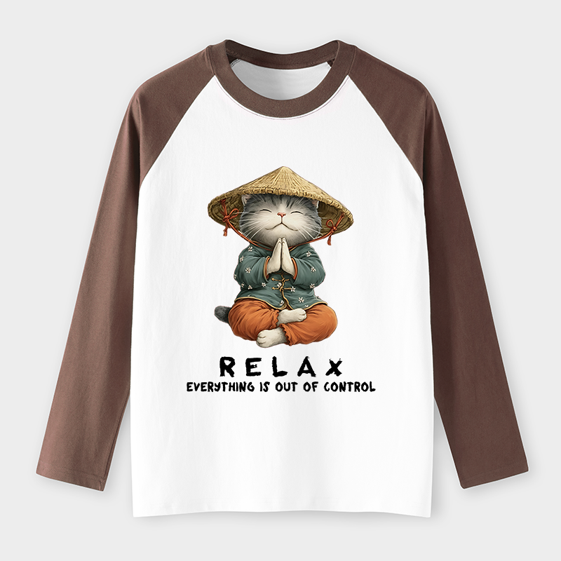 Tokyo-Tiger Zen Relax Cat Graphic Raglan Long Sleeve T-shirt