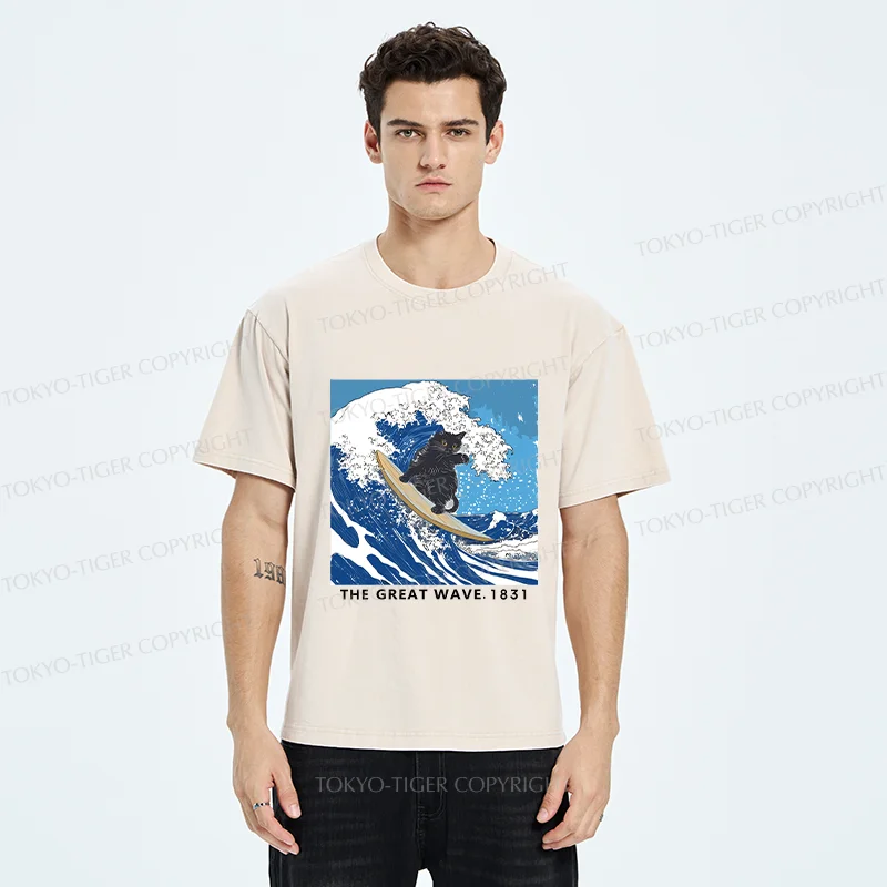 Tokyo-Tiger Cat Surfing Funny Washed T-Shirt